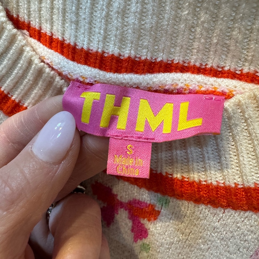 THML Cream Sweater with Pink, Red and Orange Bow Pattern - Picture 3 of 3